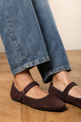 Karsyn Mary Jane Ballet Flats With Buckle Detail in Brown Suede