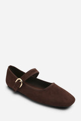 Karsyn Wide Fit Mary Jane Ballet Flats With Buckle Detail In Brown Suede
