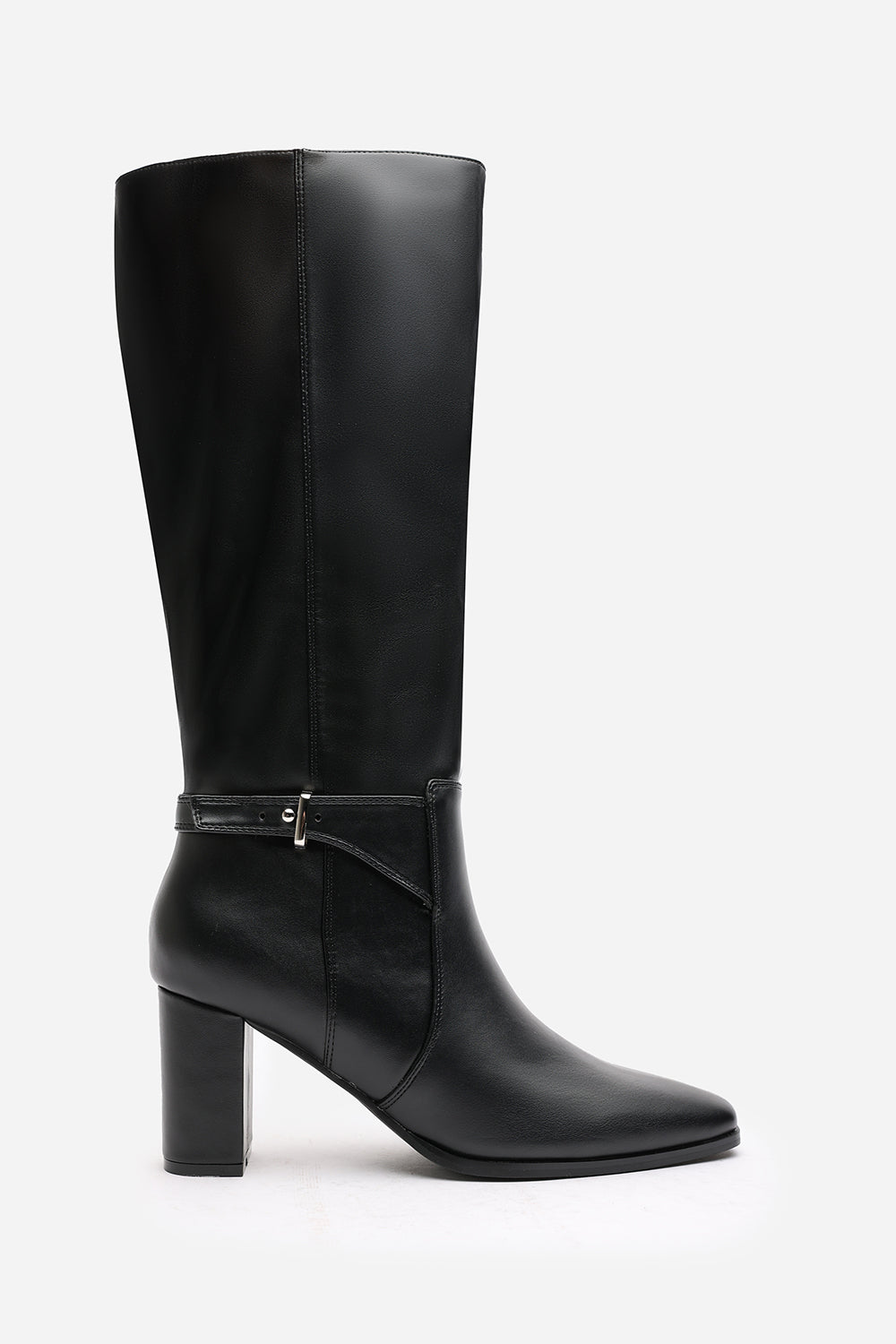 Tamsin Knee High Heeled Boots With Side Zip In Black Faux Leather