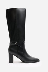 Tamsin Knee High Heeled Boots With Side Zip In Black Faux Leather