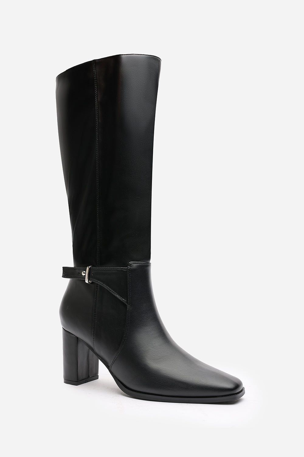 Tamsin Knee High Heeled Boots With Side Zip In Black Faux Leather