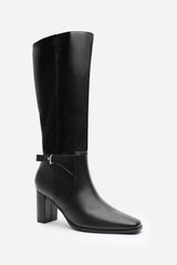 Tamsin Knee High Heeled Boots With Side Zip In Black Faux Leather
