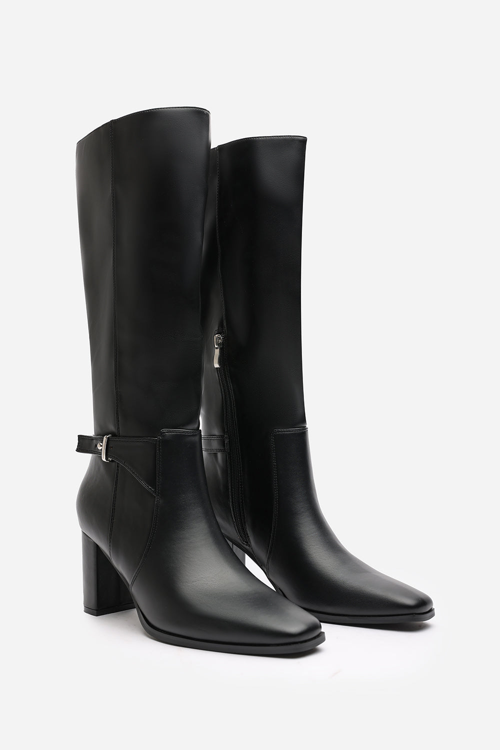 Tamsin Knee High Heeled Boots With Side Zip In Black Faux Leather