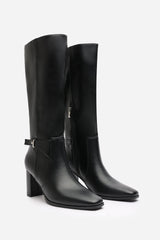 Tamsin Knee High Heeled Boots With Side Zip In Black Faux Leather