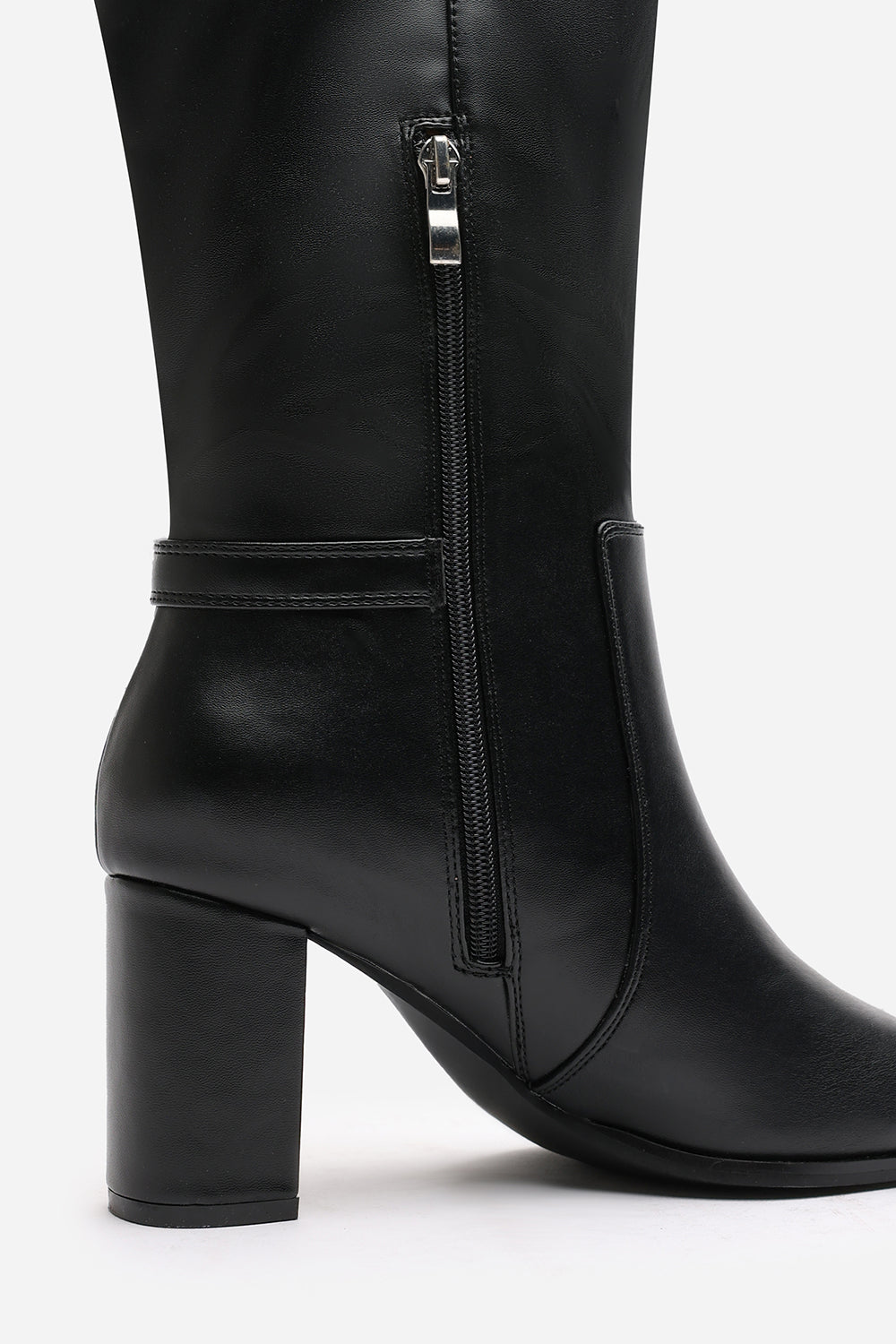 Tamsin Knee High Heeled Boots With Side Zip In Black Faux Leather
