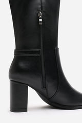 Tamsin Knee High Heeled Boots With Side Zip In Black Faux Leather