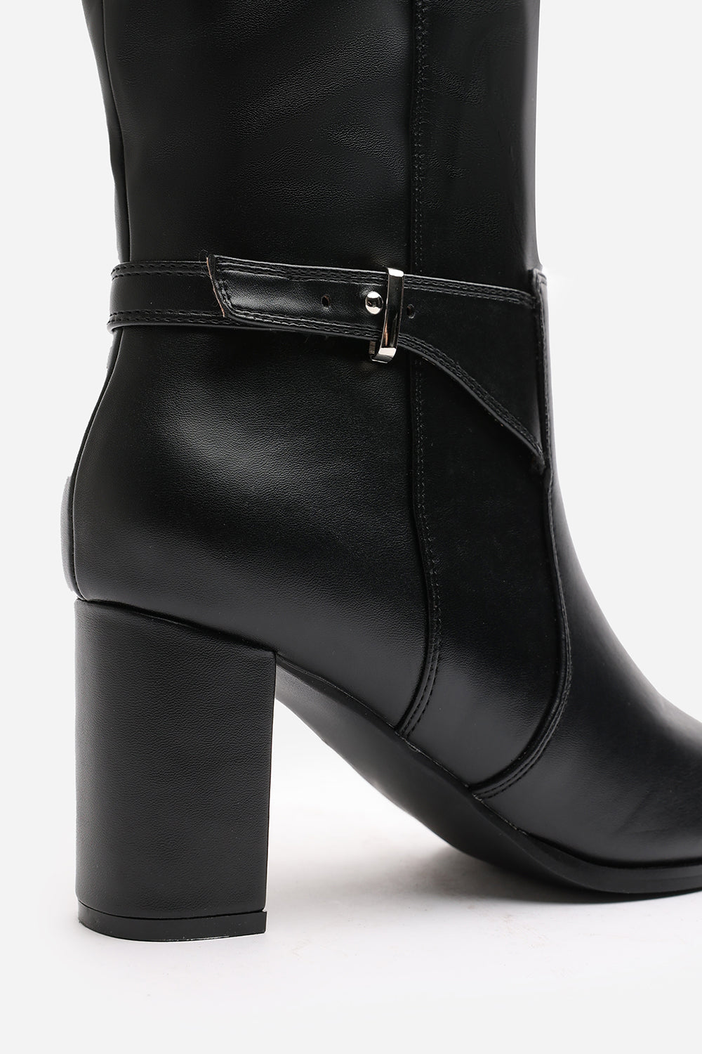 Tamsin Knee High Heeled Boots With Side Zip In Black Faux Leather