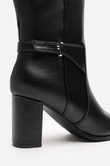Tamsin Knee High Heeled Boots With Side Zip In Black Faux Leather