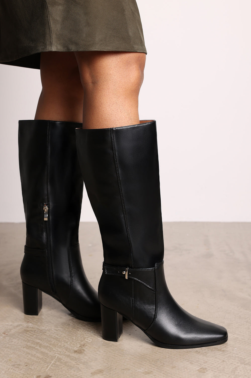 Tamsin Knee High Heeled Boots With Side Zip In Black Faux Leather