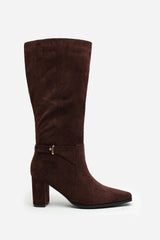 Tamsin Knee High Heeled Boots With Side Zip In Dark Brown Faux Suede Leather