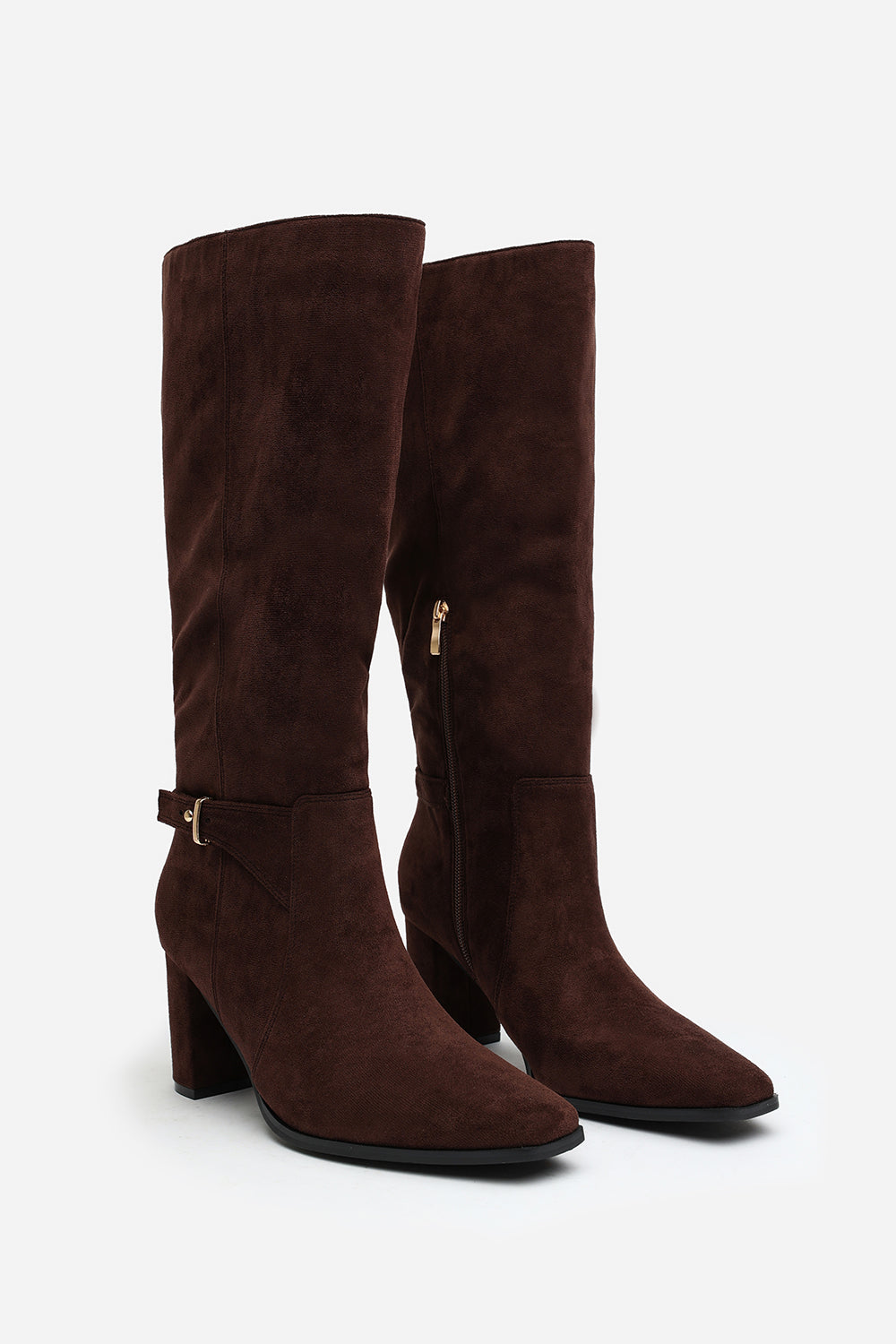Tamsin Knee High Heeled Boots With Side Zip In Dark Brown Faux Suede Leather