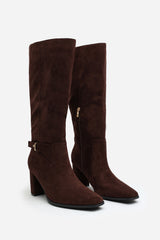 Tamsin Knee High Heeled Boots With Side Zip In Dark Brown Faux Suede Leather