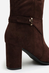 Tamsin Knee High Heeled Boots With Side Zip In Dark Brown Faux Suede Leather
