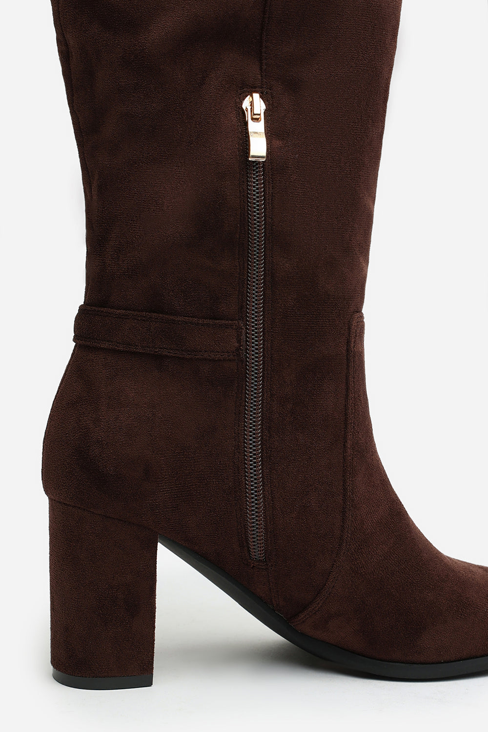 Tamsin Knee High Heeled Boots With Side Zip In Dark Brown Faux Suede Leather