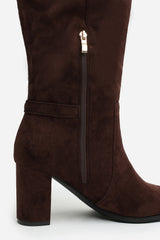 Tamsin Knee High Heeled Boots With Side Zip In Dark Brown Faux Suede Leather