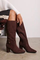 Tamsin Knee High Heeled Boots With Side Zip In Dark Brown Faux Suede Leather