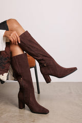 Tamsin Knee High Heeled Boots With Side Zip In Dark Brown Faux Suede Leather