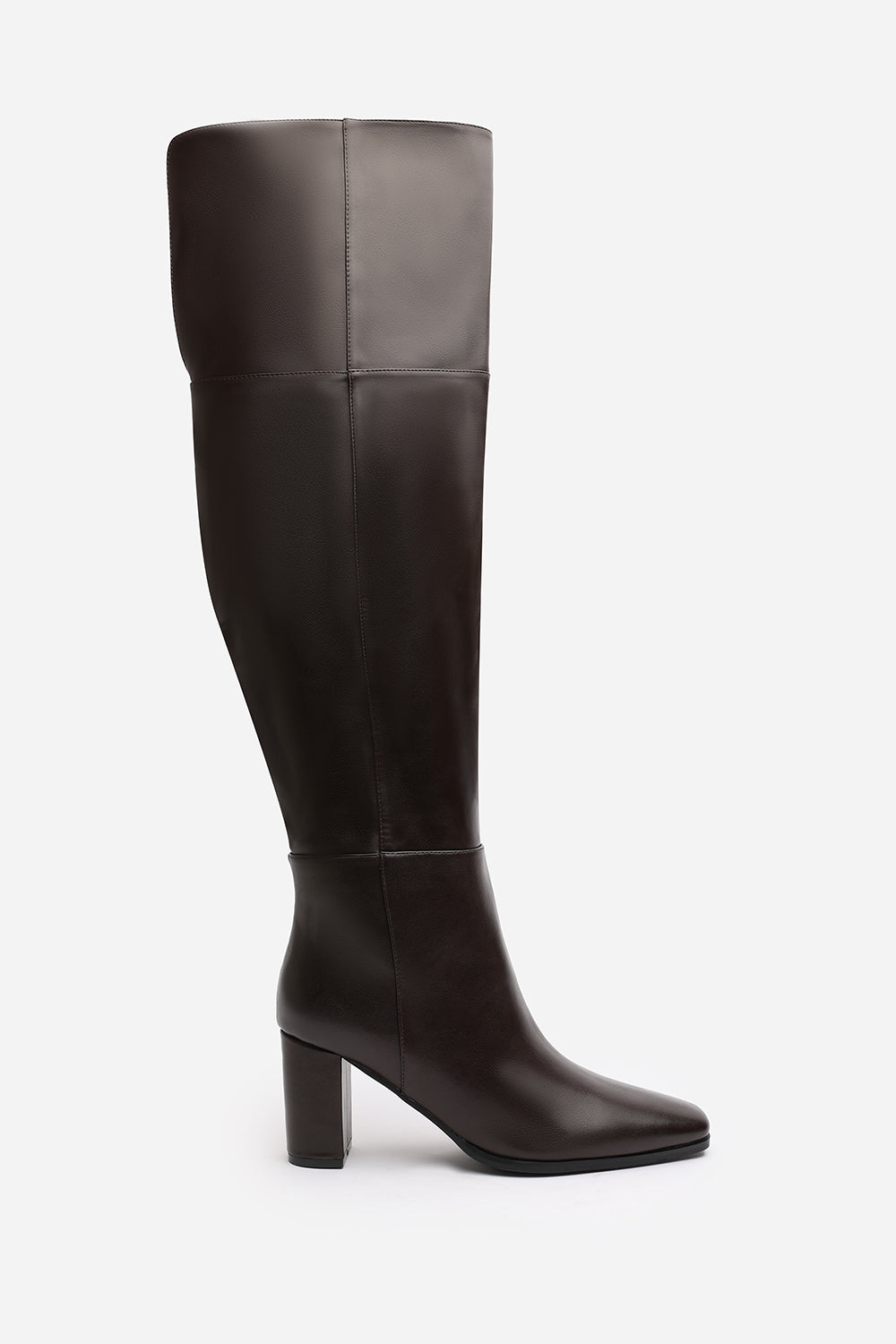 Xenia Over the Knee Heeled Boots In Dark Brown Faux Leather