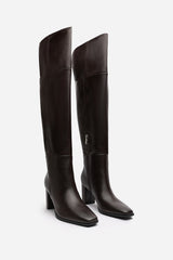Xenia Over the Knee Heeled Boots In Dark Brown Faux Leather
