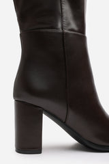 Xenia Over the Knee Heeled Boots In Dark Brown Faux Leather