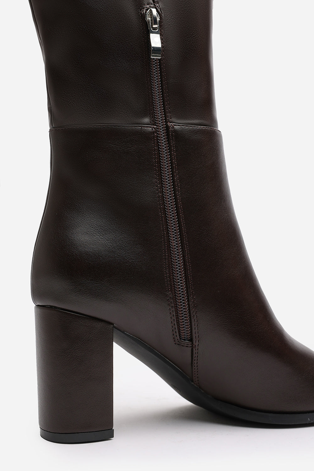 Xenia Over the Knee Heeled Boots In Dark Brown Faux Leather