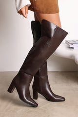 Xenia Over the Knee Heeled Boots In Dark Brown Faux Leather