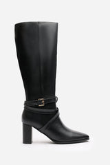 Yvette Knee High Boots With Wrap Buckle Strap in Black Faux Leather