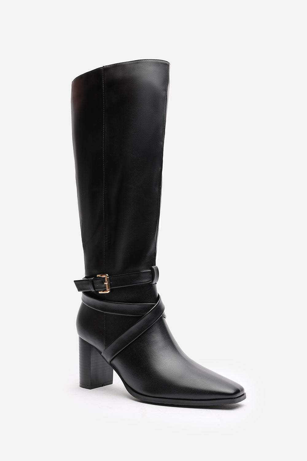 Yvette Knee High Boots With Wrap Buckle Strap in Black Faux Leather