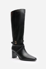 Yvette Knee High Boots With Wrap Buckle Strap in Black Faux Leather