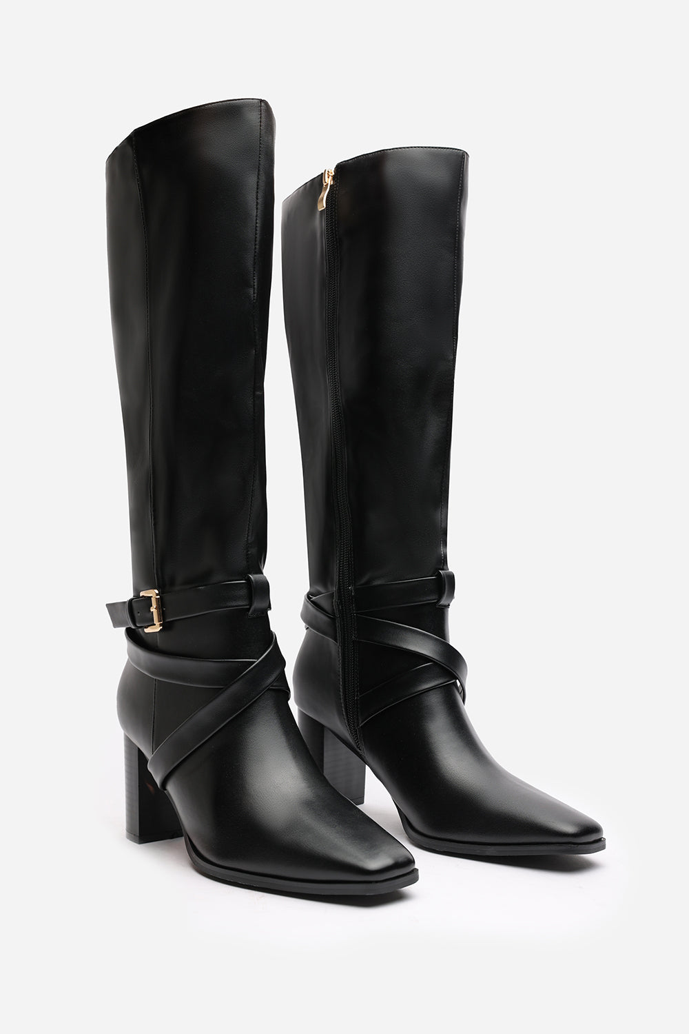 Yvette Knee High Boots With Wrap Buckle Strap in Black Faux Leather