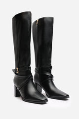 Yvette Knee High Boots With Wrap Buckle Strap in Black Faux Leather