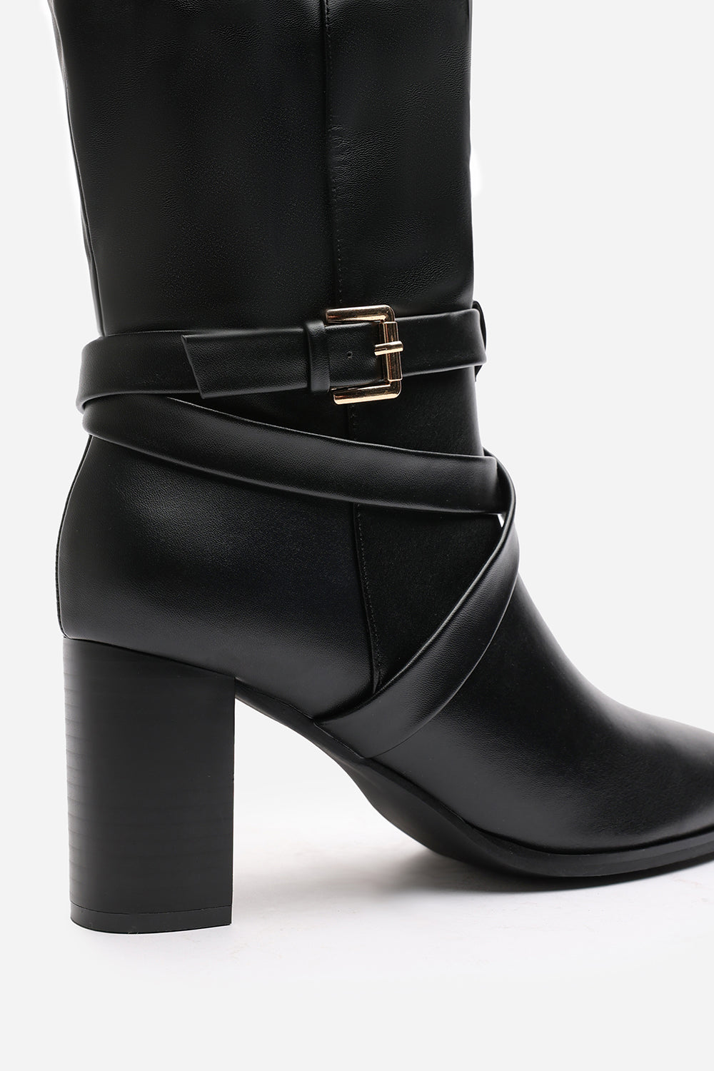Yvette Knee High Boots With Wrap Buckle Strap in Black Faux Leather