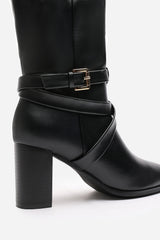 Yvette Knee High Boots With Wrap Buckle Strap in Black Faux Leather