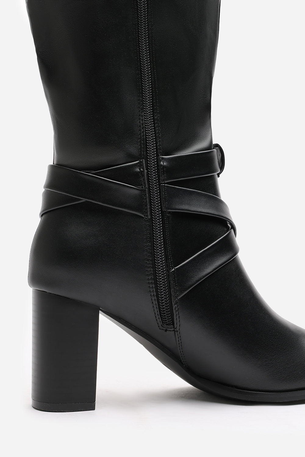 Yvette Knee High Boots With Wrap Buckle Strap in Black Faux Leather