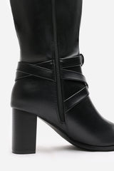 Yvette Knee High Boots With Wrap Buckle Strap in Black Faux Leather