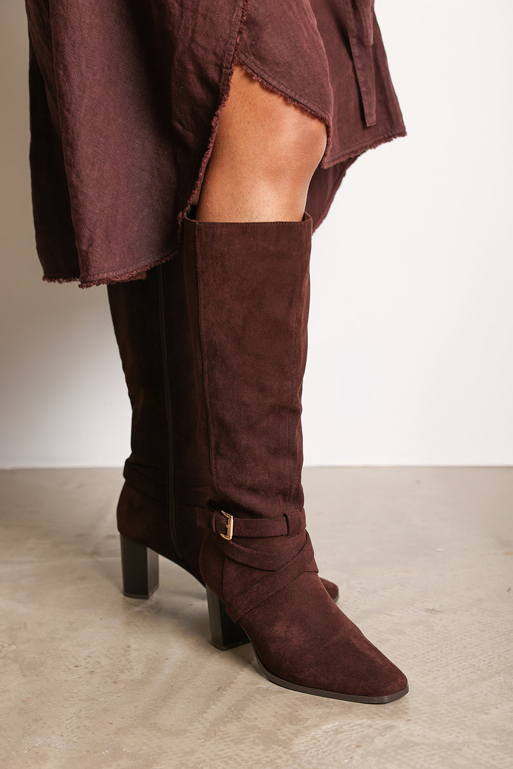 Yvette Knee High Boots With Wrap Buckle Strap in Dark Brown Faux Suede