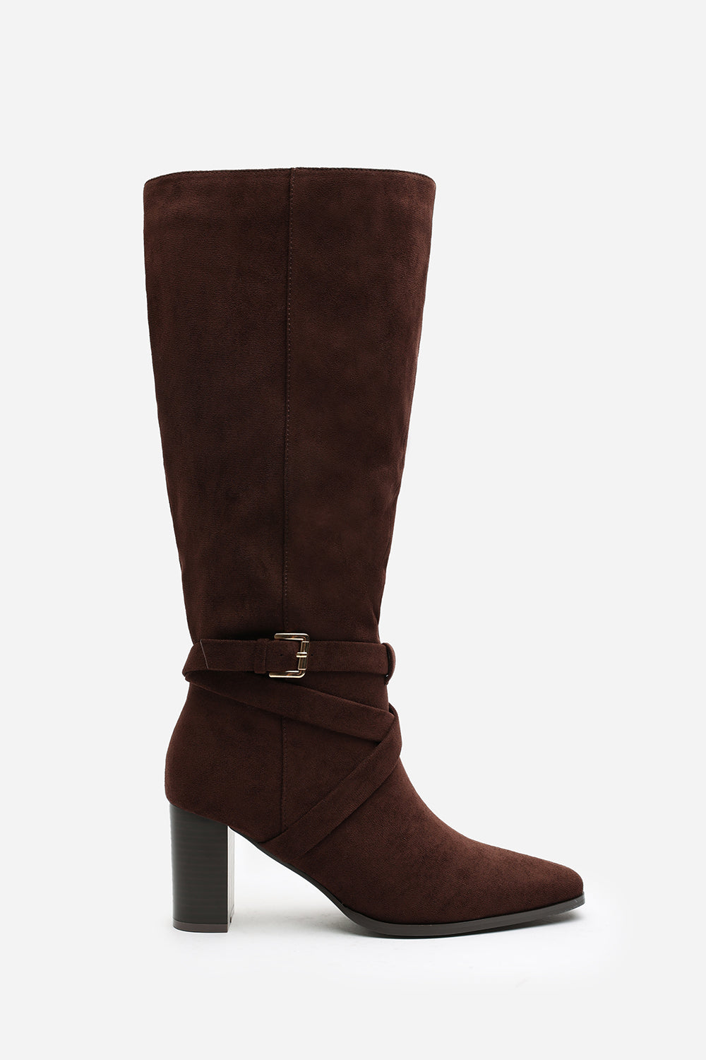 Yvette Knee High Boots With Wrap Buckle Strap in Dark Brown Faux Suede