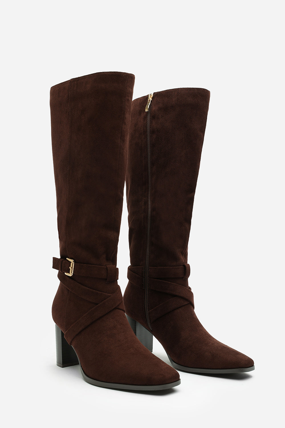 Yvette Knee High Boots With Wrap Buckle Strap in Dark Brown Faux Suede