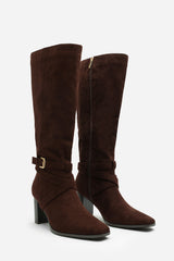 Yvette Knee High Boots With Wrap Buckle Strap in Dark Brown Faux Suede