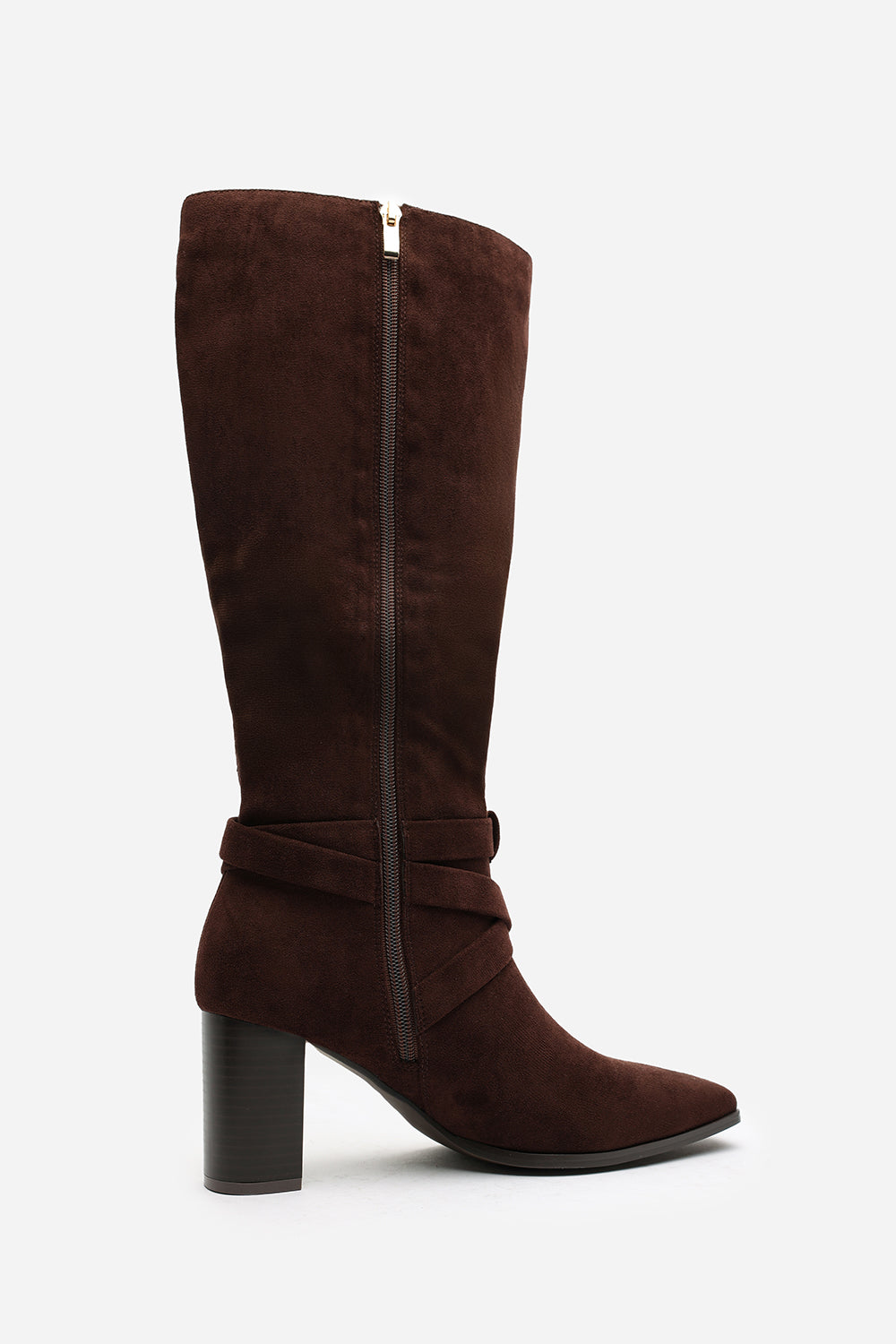 Yvette Knee High Boots With Wrap Buckle Strap in Dark Brown Faux Suede