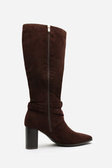 Yvette Knee High Boots With Wrap Buckle Strap in Dark Brown Faux Suede