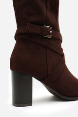 Yvette Knee High Boots With Wrap Buckle Strap in Dark Brown Faux Suede