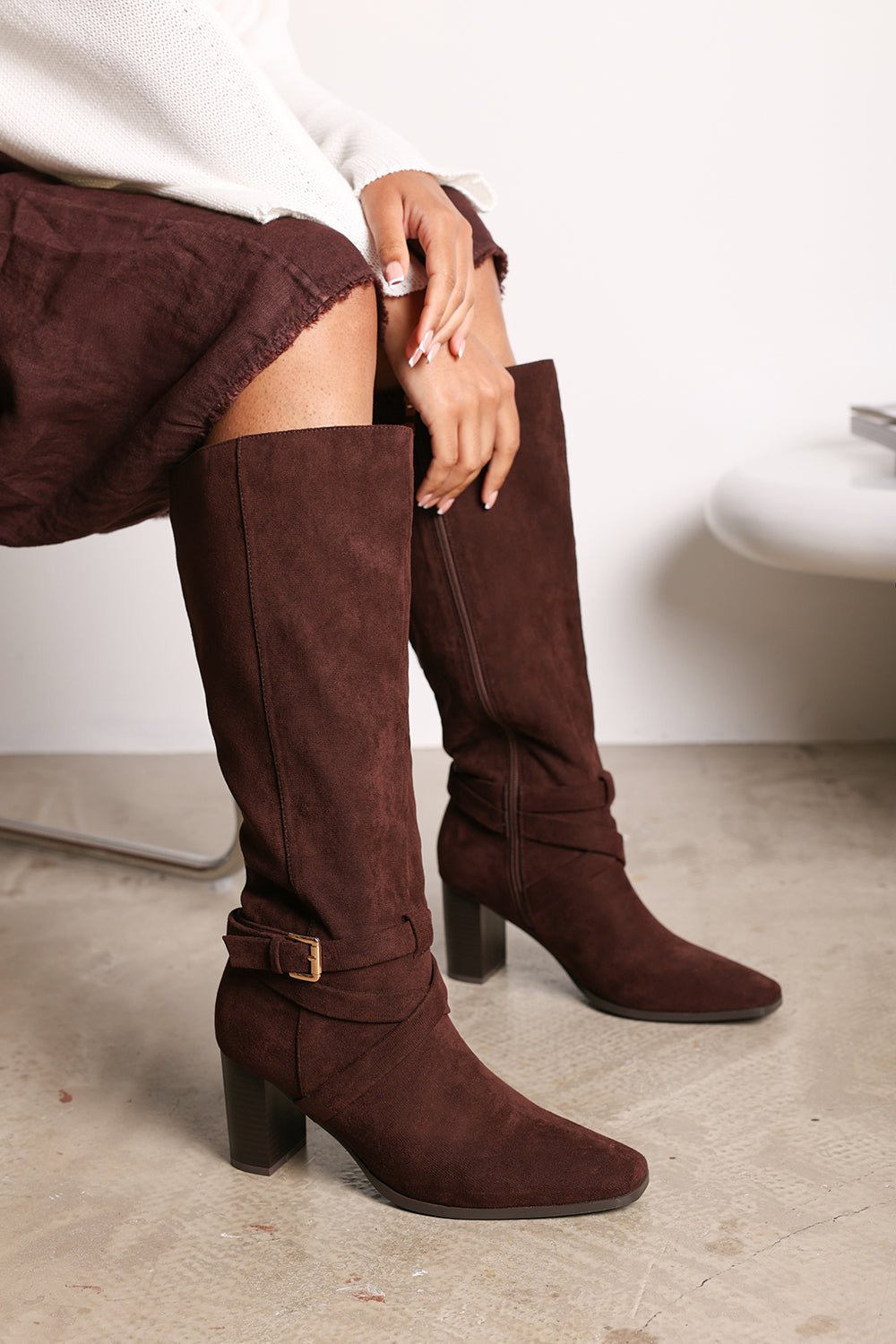 Yvette Knee High Boots With Wrap Buckle Strap in Dark Brown Faux Suede