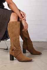 Yvette Knee High Boots With Wrap Buckle Strap in Khaki Faux Suede