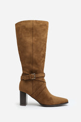 Yvette Knee High Boots With Wrap Buckle Strap in Khaki Faux Suede