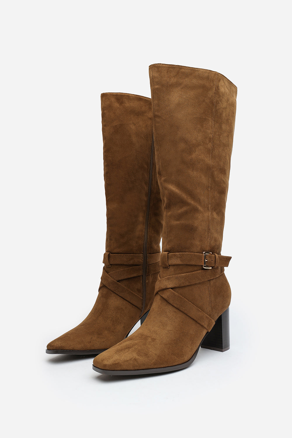 Yvette Knee High Boots With Wrap Buckle Strap in Khaki Faux Suede
