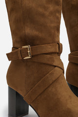 Yvette Knee High Boots With Wrap Buckle Strap in Khaki Faux Suede