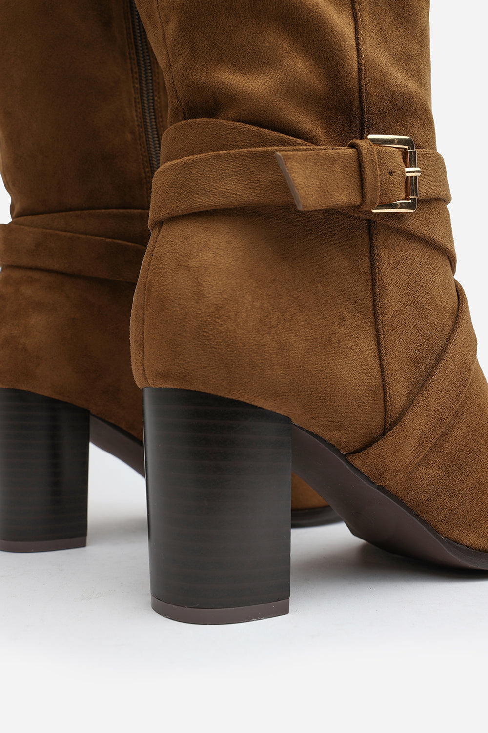 Yvette Knee High Boots With Wrap Buckle Strap in Khaki Faux Suede