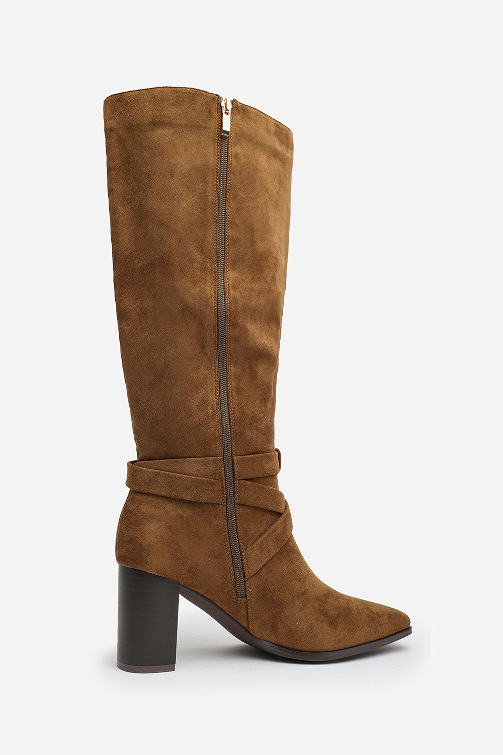 Yvette Knee High Boots With Wrap Buckle Strap in Khaki Faux Suede
