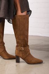 Yvette Knee High Boots With Wrap Buckle Strap in Khaki Faux Suede